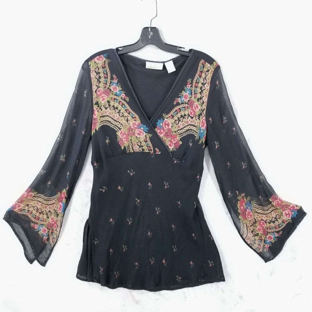 Vintage Y2K Babydoll Top Black Floral 100% Silk Semi Sheer Boho Whimsigoth Fairy